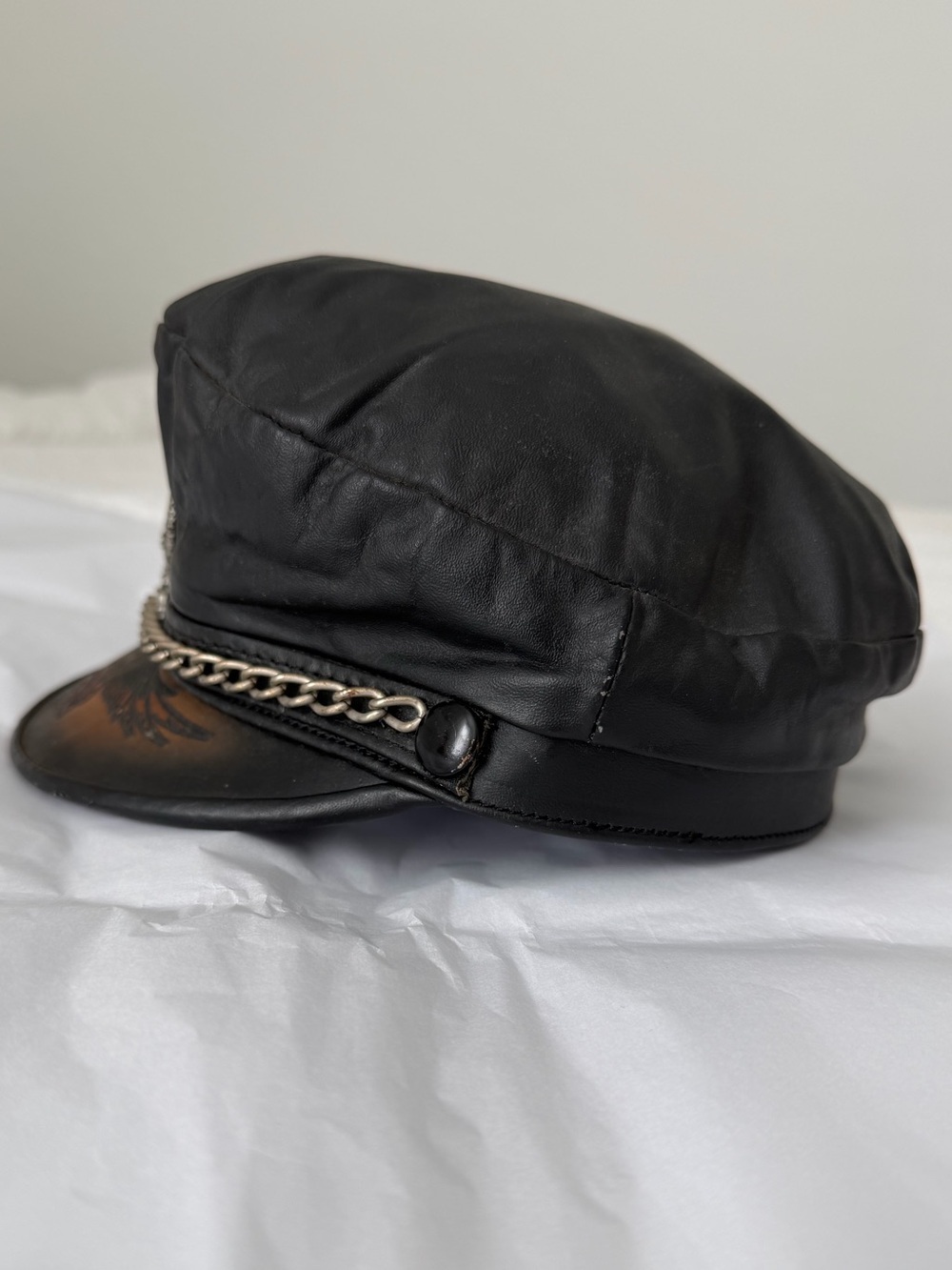 Vintage 90s Leather Biker Captain Hat USA Eagle Chain Moto Rocker Y2K Americana - Picture 11 of 16